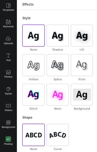 text effects in Canva